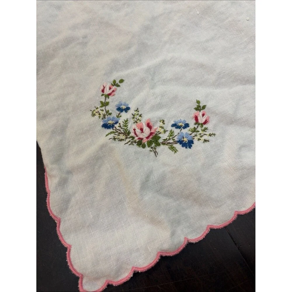 Vintage White Embroidered Linen Tablecloth with Pink Scalloped Edge